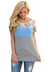 Sexy Floral Print Blue Gray Colorblock T-shirt